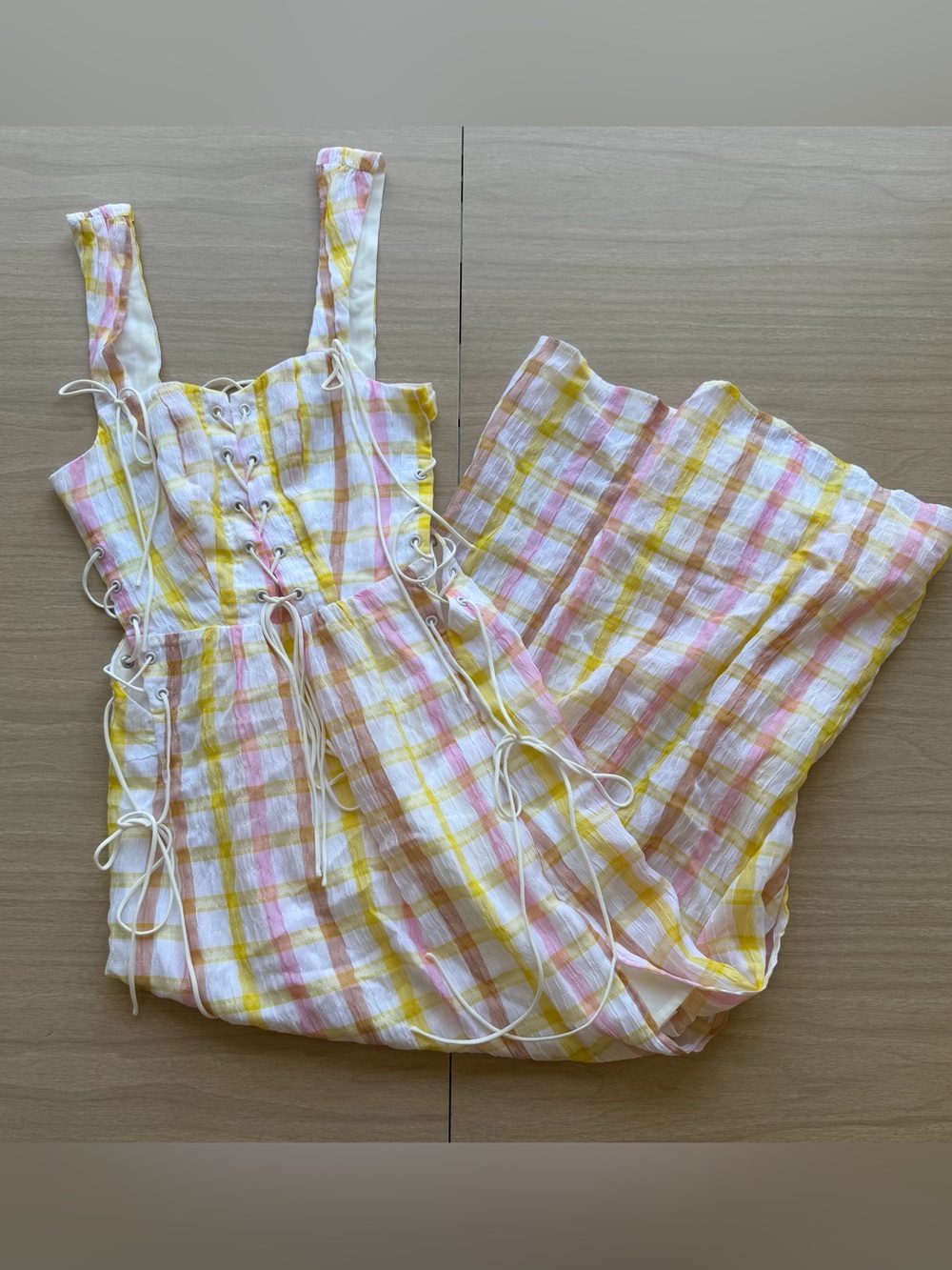 NWT For Love & Lemons Pink & Yellow Plaid Lace-Up Maxi Dress XS